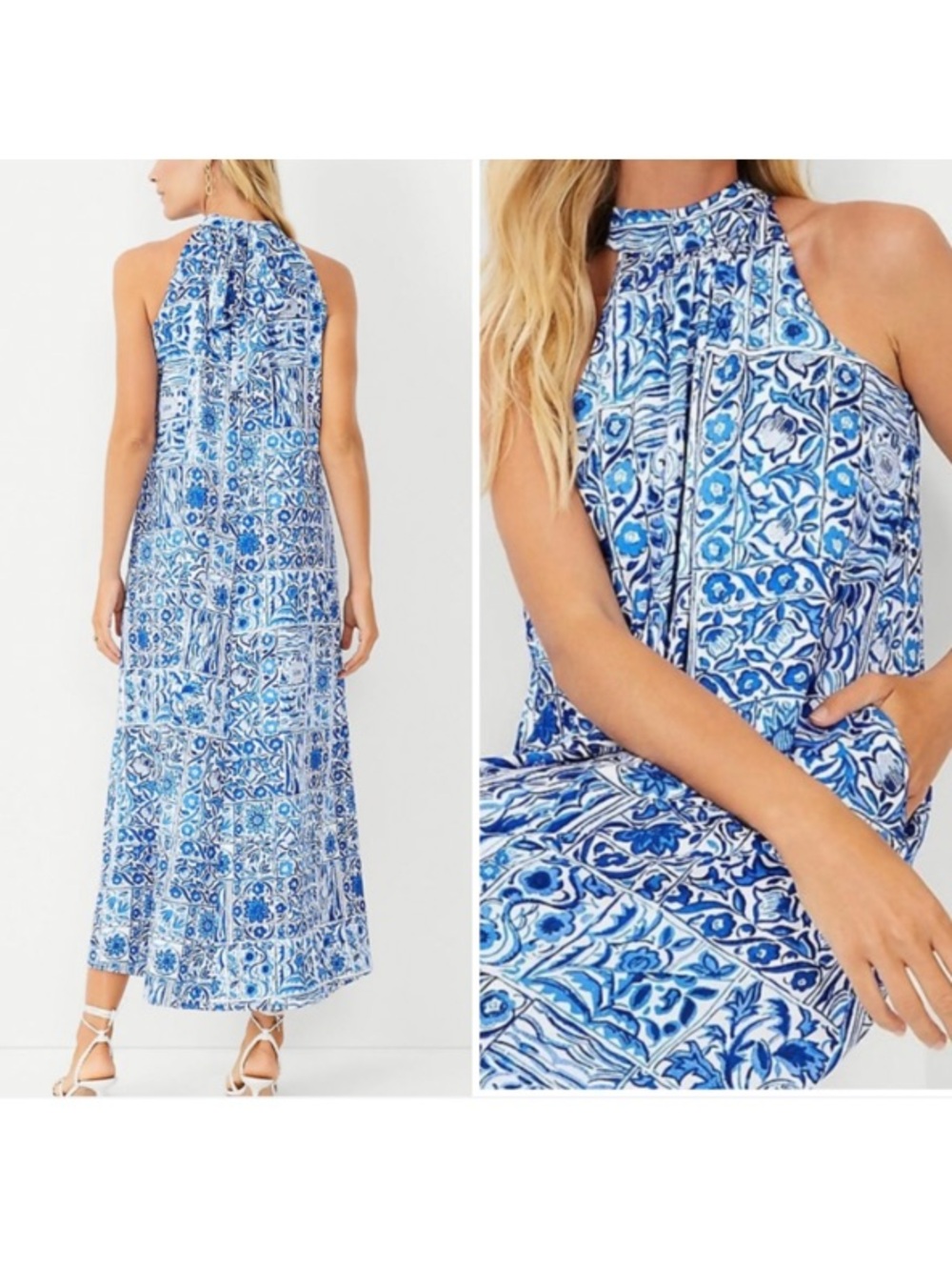 Ann Taylor Blue Tile Tie Mock Neck Maxi Dress